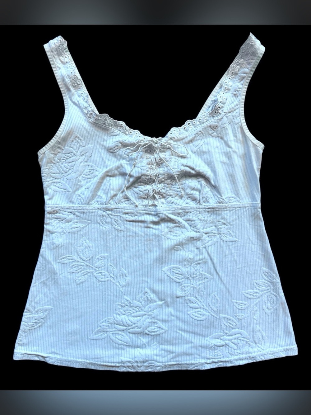 VTG 90's/Y2K Arianne White Flora Texture Lace up Cami Top Romantic Boho Fairy M